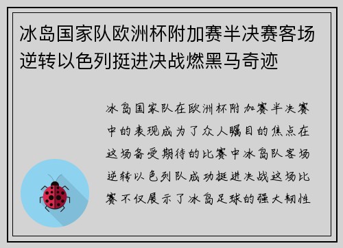 冰岛国家队欧洲杯附加赛半决赛客场逆转以色列挺进决战燃黑马奇迹